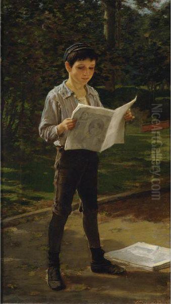 Newsboy Reading The Paper Oil Painting by Frederick Dielman