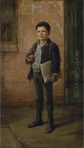 Newsboy With Apple Oil Painting by Frederick Dielman