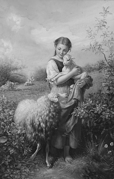 A Young Girl Holding A Lamb Oil Painting by Frederick Dielman