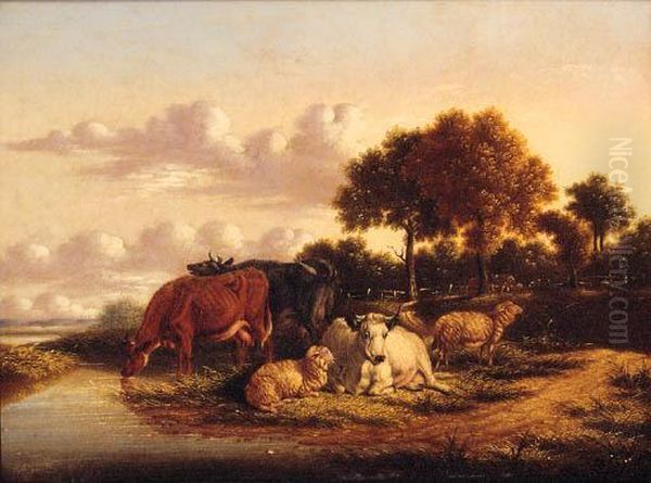 Cattle And Sheep Grazing In Extensive Landscapes Oil Painting by Pierre Emanuel Dielman