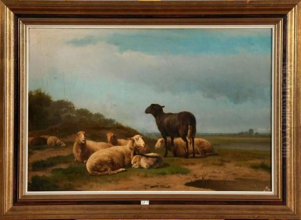 Moutons Au Pre Oil Painting by Pierre Emmanuel I Dielman