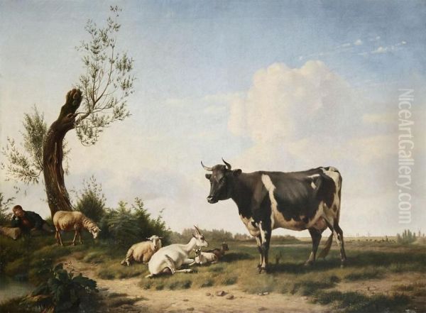 Resting Shepherd With Cow And Sheep Oil Painting by Pierre Emmanuel I Dielman