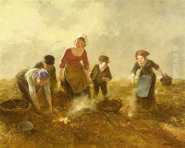 Family At The Potato Harvest Oil Painting by Jakob Furchtegott Dielmann