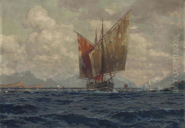 A Mediterranean Fishing Vessel Running Before The Wind Off A Mountainous Coastline Oil Painting by Michael Zeno Diemer