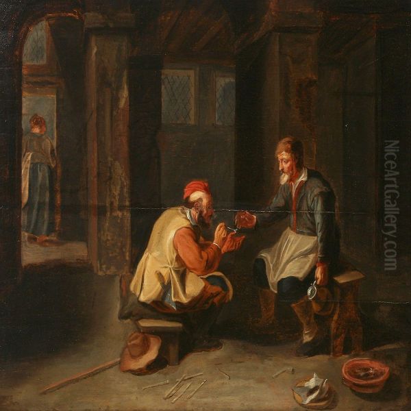 Innscene With Two Men Smoking Pipes Oil Painting by Abraham Diepraam