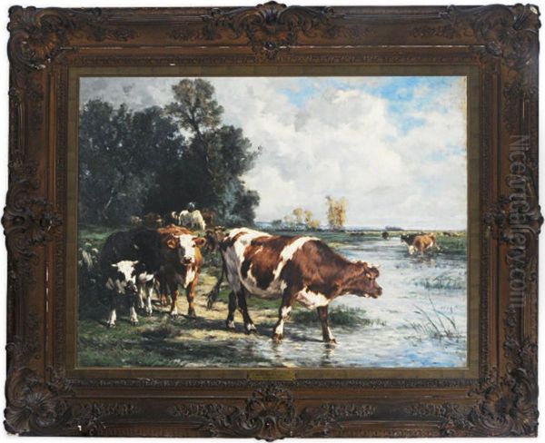 Cows Drinking In A River Landscape Oil Painting by Marie Dieterle