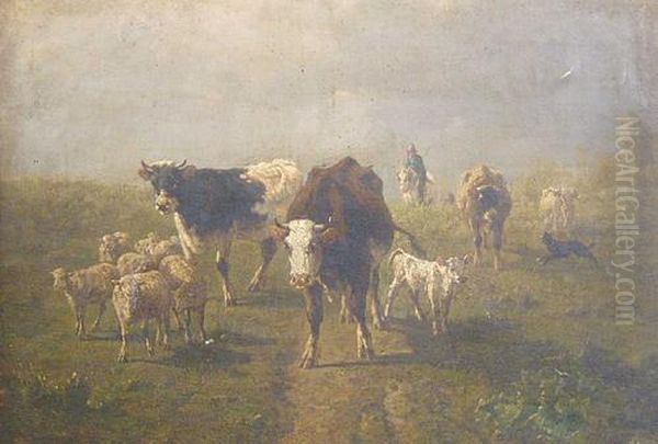 Cattle And Sheep On A Pathway With Drover Beyond Oil Painting by Marie Dieterle