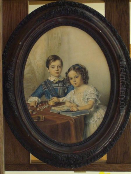 Portrait De Deux Jeunes Enfants Oil Painting by Johann Friedrich Dietler