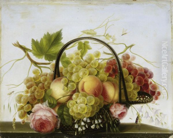 Fruit Basket With Grapes Andpeaches Oil Painting by Adelheid Dietrich