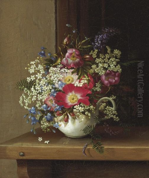 Still Life With Dog Roses Oil Painting by Adelheid Dietrich