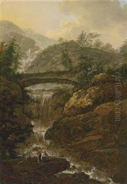 A Pair Of Southern Mountain Landscapes With Antiquising Figures Oil Painting by Christian Wilhelm Ernst Dietrich