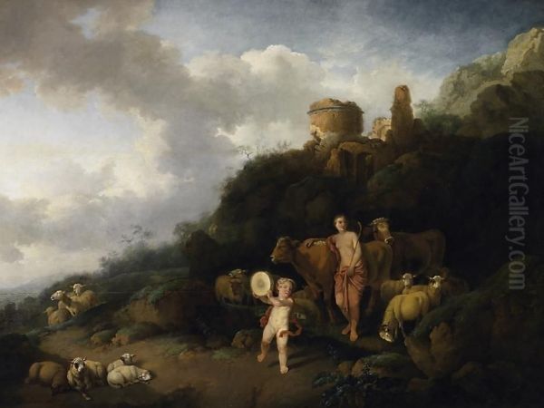 Arcadian Landscape With Shepherds, Cattle, And Cherubs Making Music Oil Painting by Christian Wilhelm Ernst Dietrich