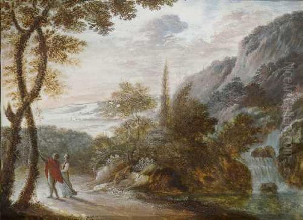 Felsige Landschaft Mit Spazierendem Paar. Oil Painting by Bartholomeus Dietterlin