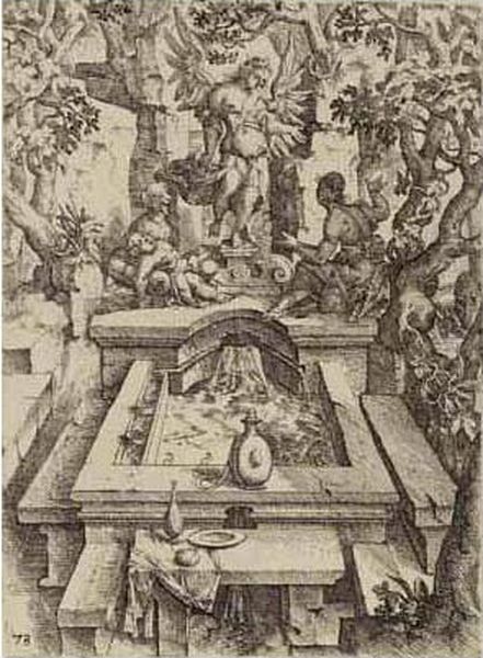 A Fountain With A Female Figure (andresen Ii, 16.163; Holl.17) Oil Painting by Wendel I Dietterlin