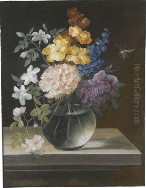 Still Life With A Carnation, Briar Rose And Other Flowers In Aglass Vase Oil Painting by Barbara Regina Dietzsch