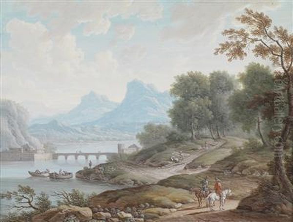 Berglandschaft Mit Wanderern An Einem Flus; Berglandschaft Mit Wanderers An Einer Brucke Oil Painting by Johann Christoph Dietzsch