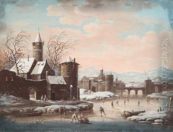 Paysage D'hiver Aux Patineurs Oil Painting by Johann Christoph Dietzsch