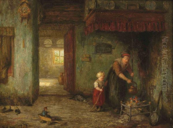 Interior With Mother And Child Oil Painting by Hendricus Anthonius Dievenbach