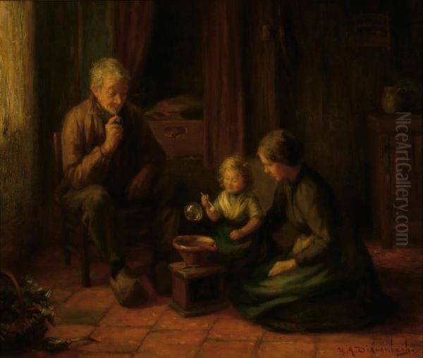 A Farmer's Family Oil Painting by Hendricus Anthonius Dievenbach