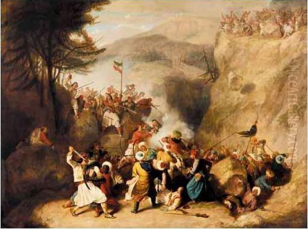 Greeks And Turks - The Battle Of Klissura, Epirius, 1792 Oil Painting by Denis Dighton