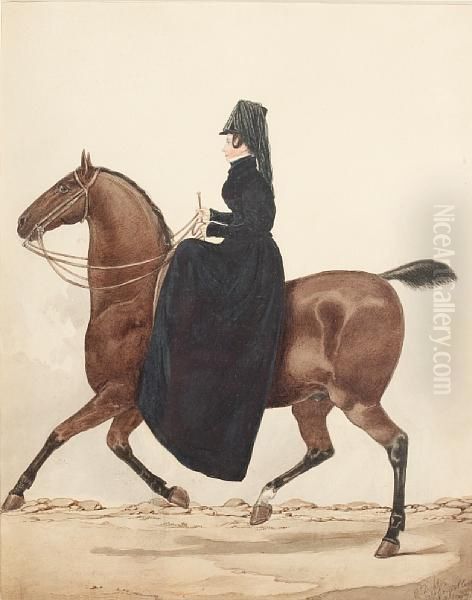 A Lady Riding Side-saddle On A Bay Horse Oil Painting by Richard Dighton