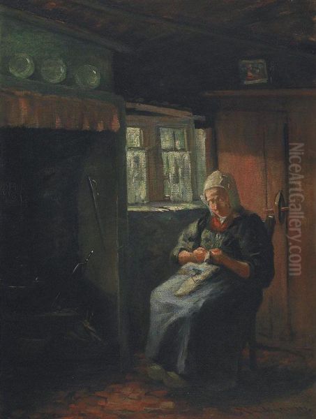 Interior Scene With Lady Sewing Oil Painting by Mary Ella Williams Dignam