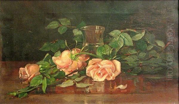 Pink Roses And A Glass Vase Oil Painting by Mary Ella Williams Dignam