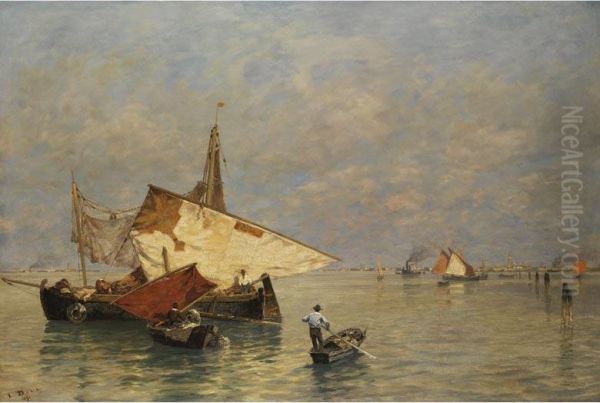 Venezianische Kustenansicht Mit Fischern Oil Painting by Ludwig Dill