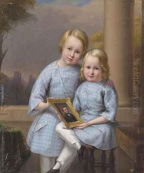 Doppel-kinderportrait, Das Bildnis Des Vaters Haltend Oil Painting by Otto Diller