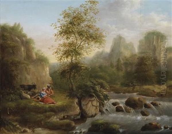 A Mountain Landscape With A Shepherd And Ashepherdess Near A Streamlet Oil Painting by Cantius Dillis