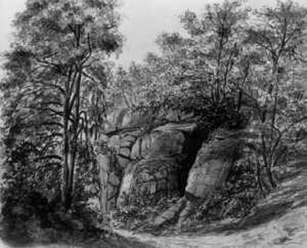 Waldlandschaft Mit Felsgrotte. Verso Landschaftsstudie (feder, Laviert, Uber Bleistift). Oil Painting by Cantius Dillis