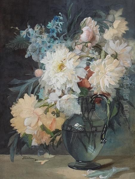 A Still Life With Peonies And Other Flowers In A Glass Vase Oil Painting by Julia Mcentee Dillon