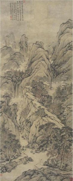 Lofty Mt. Lu After Shen Zhou Oil Painting by Huang Ding