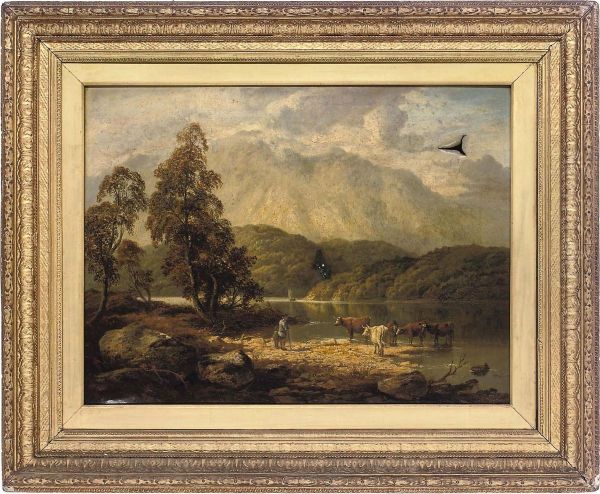 An Extensive River Landscape With Cattle Watering Oil Painting by Thomas, Junior Dingle