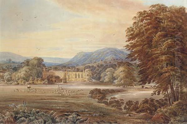 Shepherds Herding Their Flock Before Bolton Abbey Oil Painting by Thomas, Junior Dingle