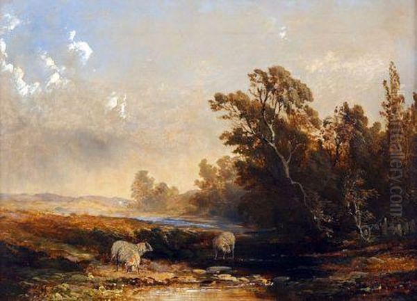 River Landscape With Sheep Oil Painting by Thomas Dingle Snr