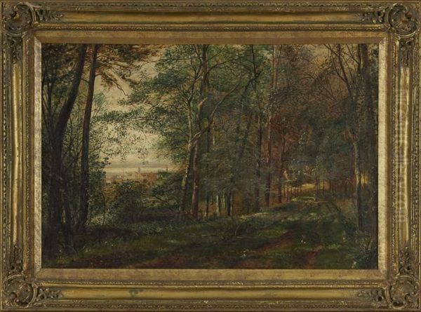 Wooded Landscape With View Of A Town In Distance Oil Painting by Humphrey J. Dingley