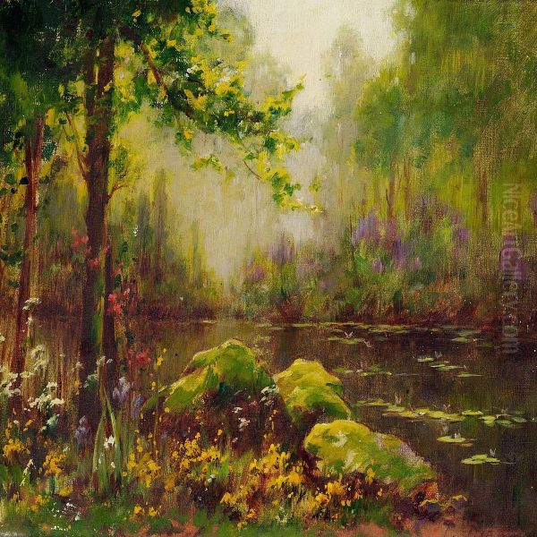 Forest Lake With Water Lilies Oil Painting by Serkis Diranian