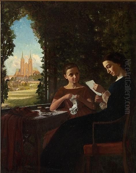 A Mother And Her Daughter Sitting At A Table With A View Of Roskilde Cathedral Oil Painting by Helmuth Dirckinck-Holmfeld