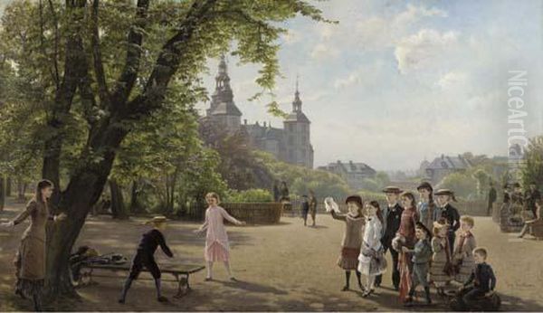 Ludvig Dahl's Children Playing In Kongens Have Park With Kingchristian Iv's Summer Residence Rosenborg Slot Beyond,copenhagen Oil Painting by Helmuth Dirckinck-Holmfeld