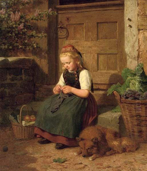 A Young Girl Knitting Oil Painting by Auguste Dircks