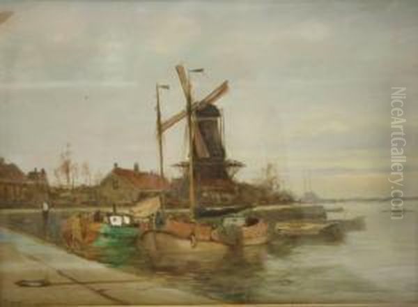 Platbodems Aan De Kade Bij Een Molen Oil Painting by Antonius Bernardus Dirckx