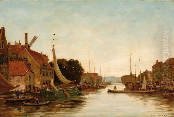 The River Schie In Delftshaven Oil Painting by Antonius Bernardus Dirckx