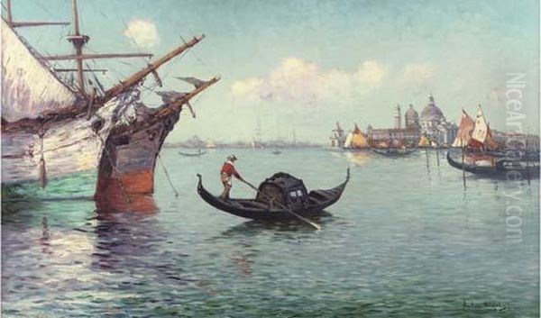 Gondola's With The Santa Maria Della Salute Church Beyond, Venice Oil Painting by Antonius Bernardus Dirckx