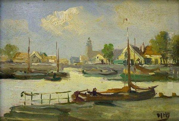 Harbour Scene With Boats And Buildings In The Distance Oil Painting by Andreas Dirks