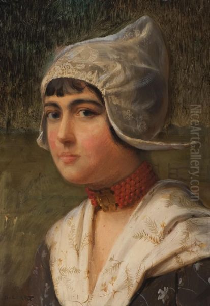 Portrait Of A Young Girl In Regional Dress Wearing A Red Coral Necklace Oil Painting by Jean Discart