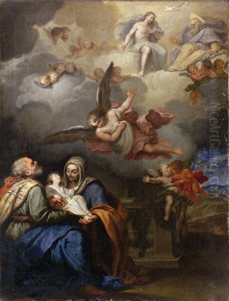 Sacra Famiglia E La Trinita Con Angeli Oil Painting by Giovan Battista Discepoli Lo Zoppo Da Lugano