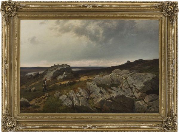 Fjellandskap Med Jeger Oil Painting by Andreas Edvard Disen