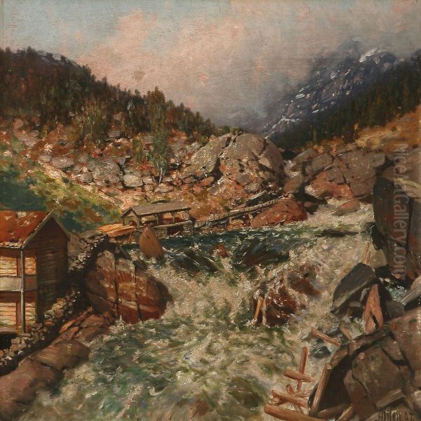 Norwegian Landscape With A Timber Plant At A River Oil Painting by Andreas Edvard Disen