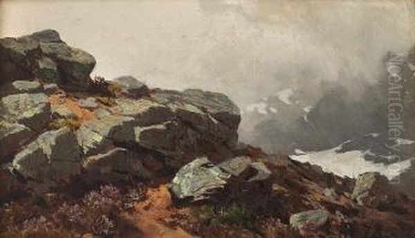 Hoyfjellslandskap 1878 Oil Painting by Andreas Edvard Disen